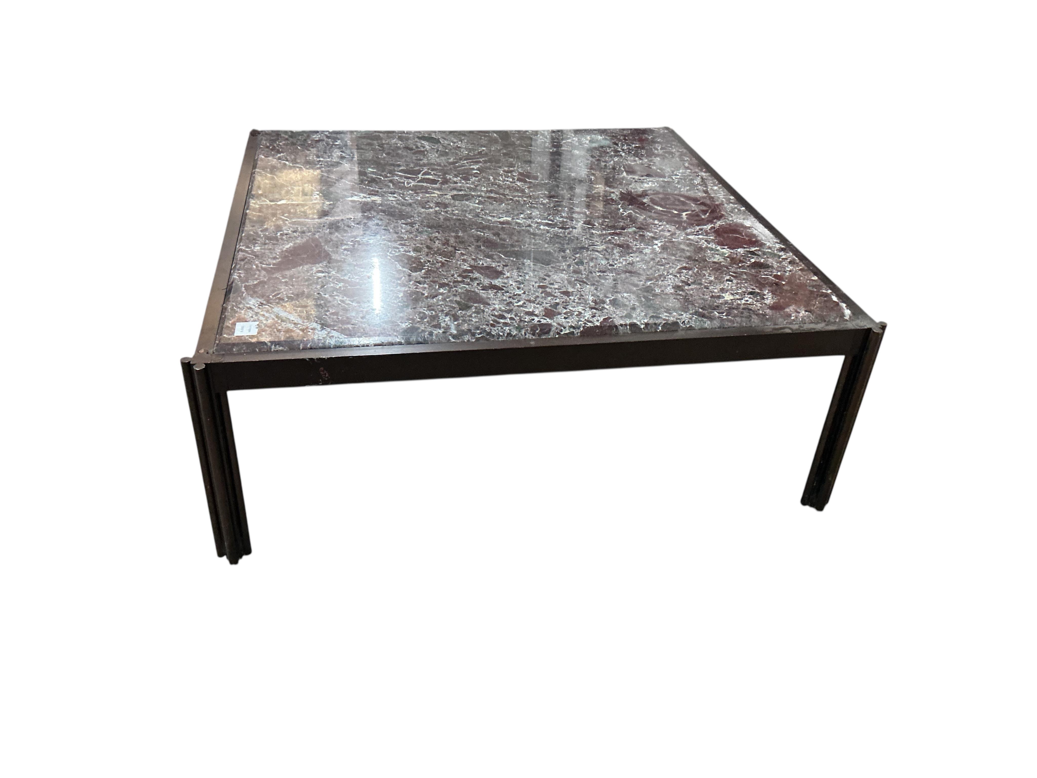 A Contemporary square marble topped brass coffee table, 110cm, height 39cm, Provenance: The late Kenneth Turner (1936-2025), celebrity florist, designer and perfume retailer, he received the Royal Warrant from the Prince